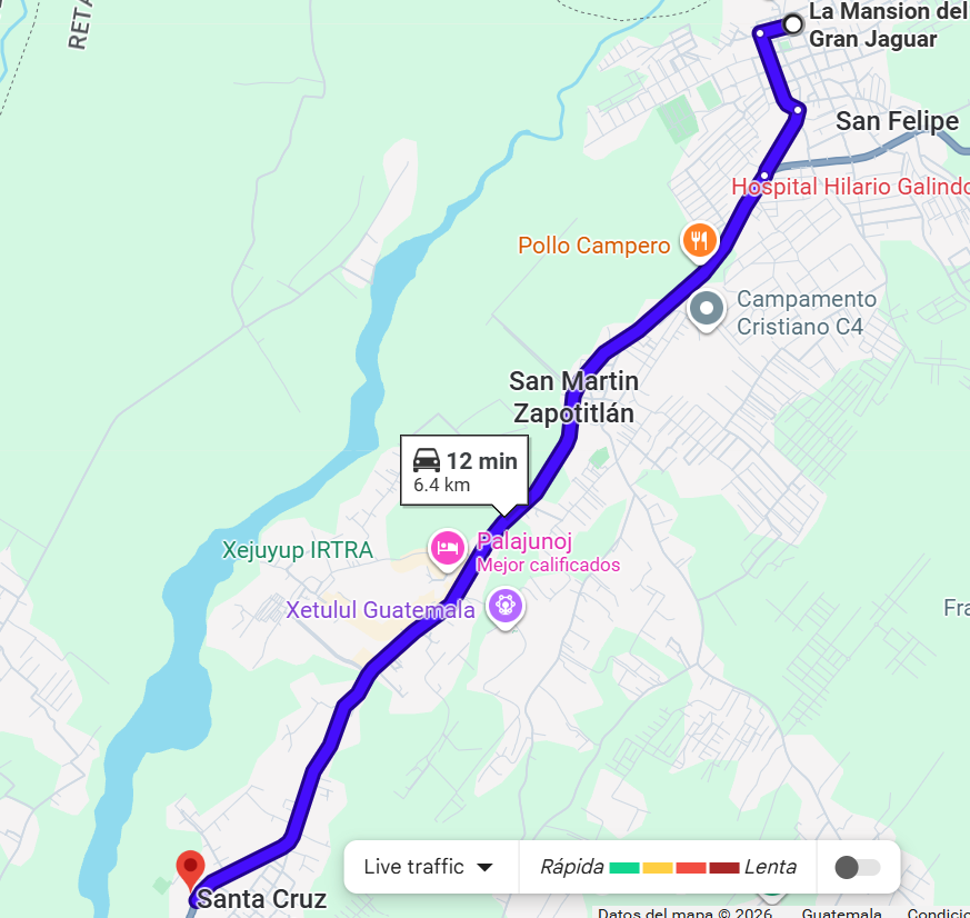 Mapa mostrando la ruta rápida y directa de 10 minutos en vehículo desde Dino Park hasta el hotel familiar La Mansión del Gran Jaguar en San Felipe, Retalhuleu.