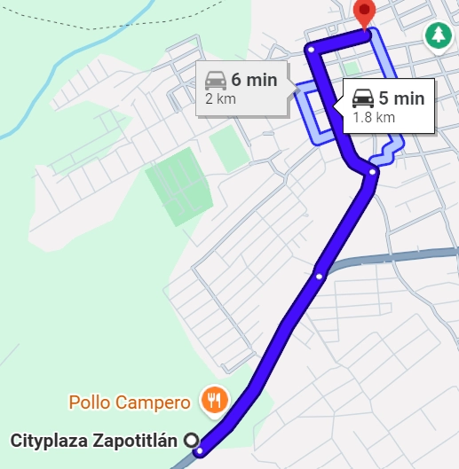 Mapa de la ruta en carro de solo 5 minutos desde el centro comercial Cityplaza en Zapotitlán hasta el hotel La Mansión del Gran Jaguar en San Felipe.